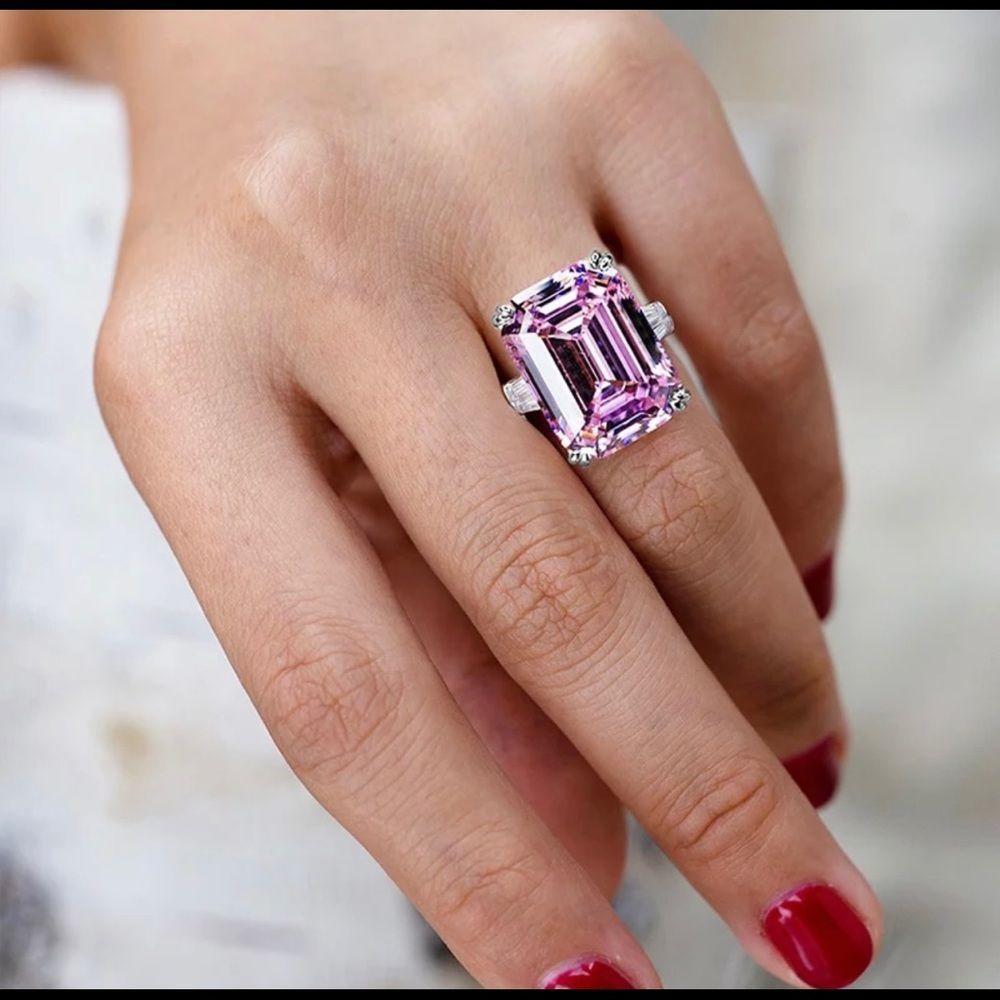 New Luxury Big Cz Pink  Square Stone Ring  Size 7,8 - Picture 2 of 6